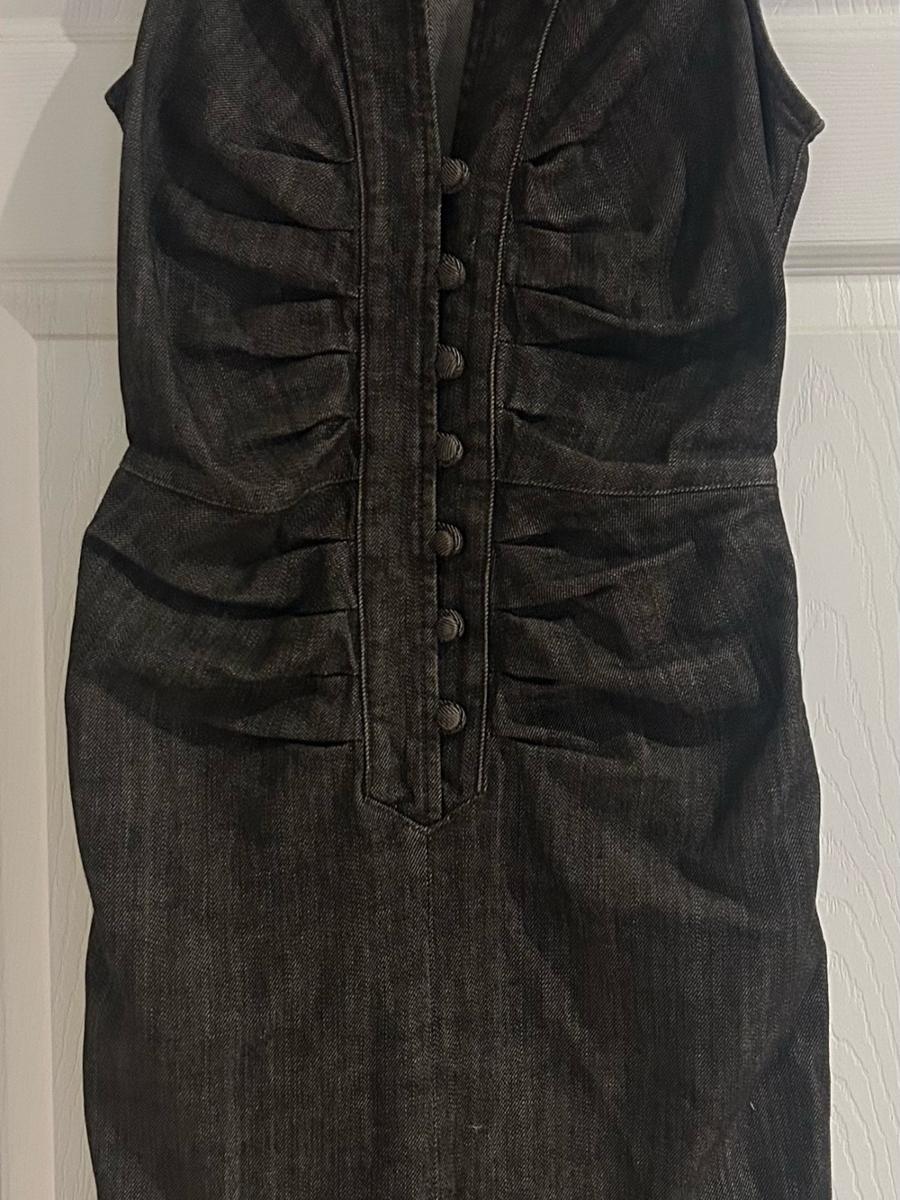 7 For All Mankind Black Sleeveless Button-Front Ruched Midi Dress